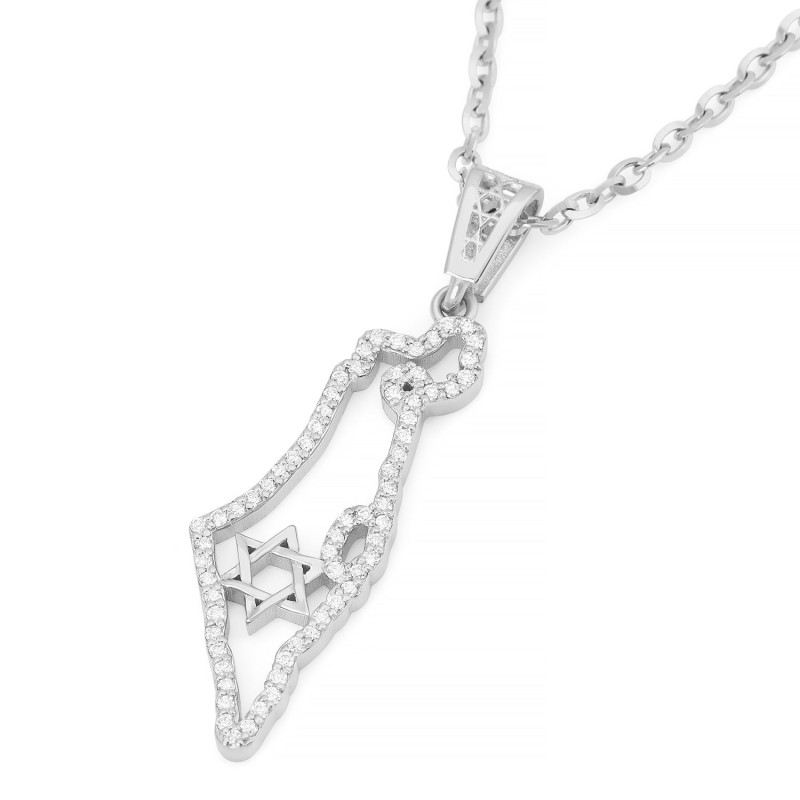 14K Gold Diamond-Studded Outline of the Land of Israel Pendant with St