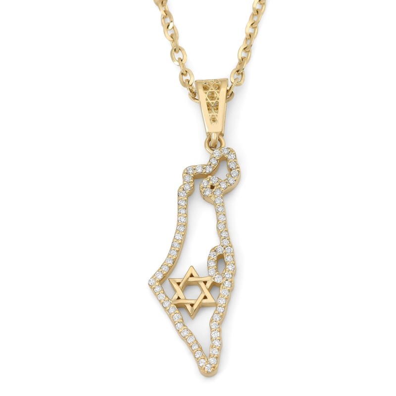 Pendentif contour de la terre d'Israël serti de diamants en or 14 carats avec St