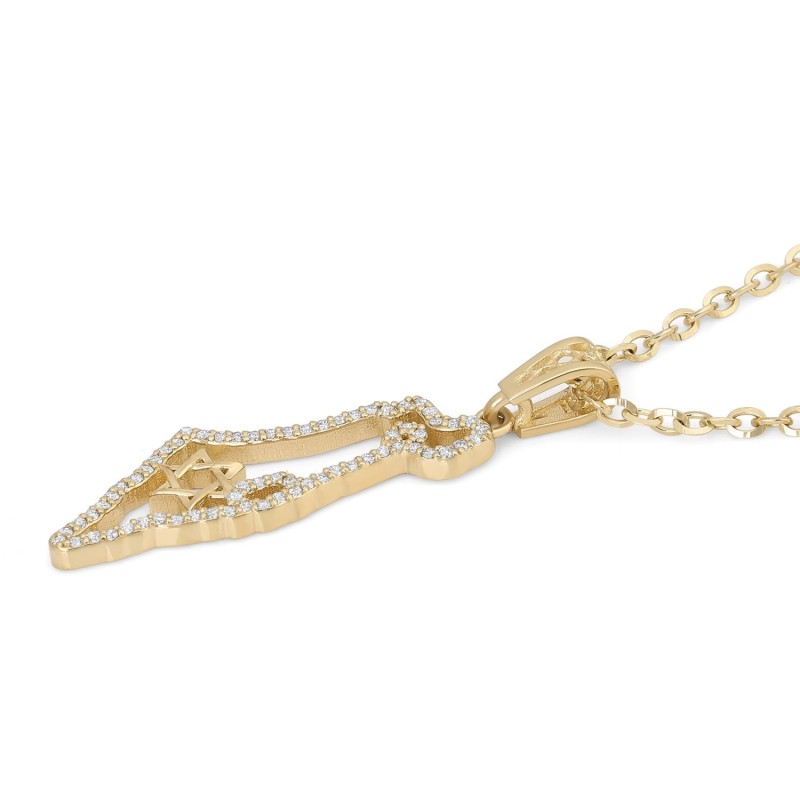 Pendentif contour de la terre d'Israël serti de diamants en or 14 carats avec St