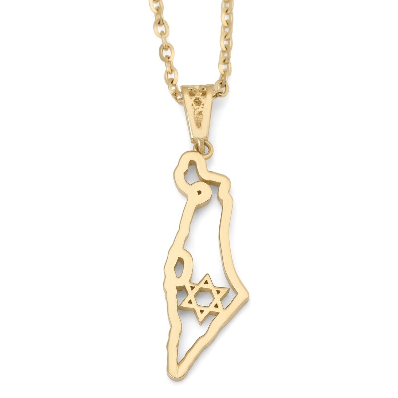 Pendentif contour de la terre d'Israël serti de diamants en or 14 carats avec St
