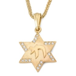 14K Gold Star of David Pendant Necklace with Chai and Diamonds