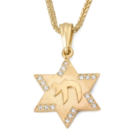 14K Gold Star of David Pendant Necklace with Chai and Diamonds