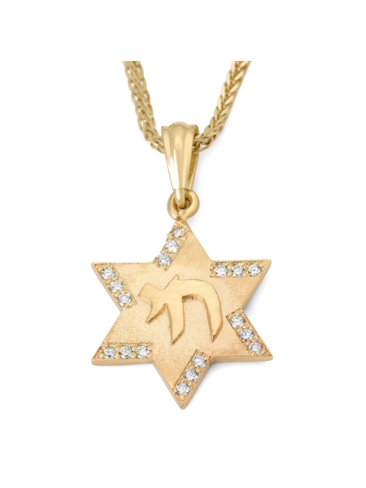Collier pendentif étoile de David en or 14 carats avec chai et diamants