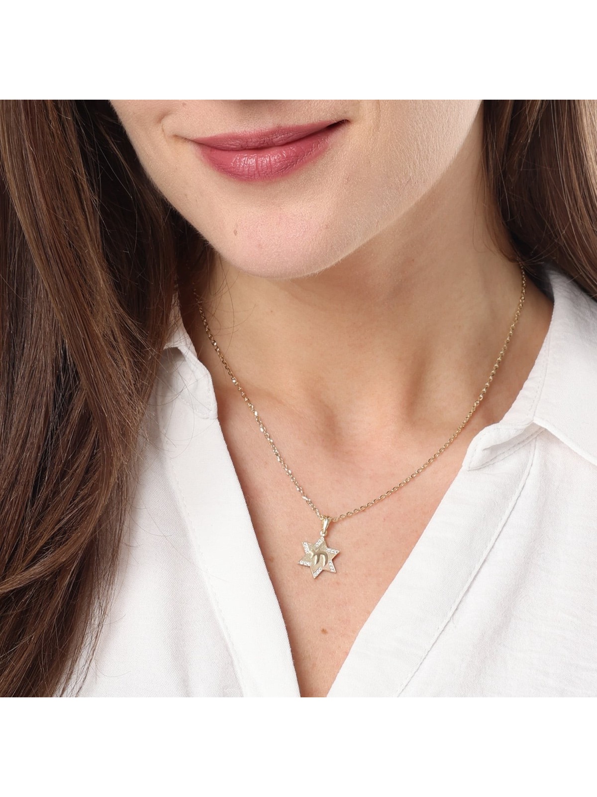 Collier pendentif étoile de David en or 14 carats avec chai et diamants