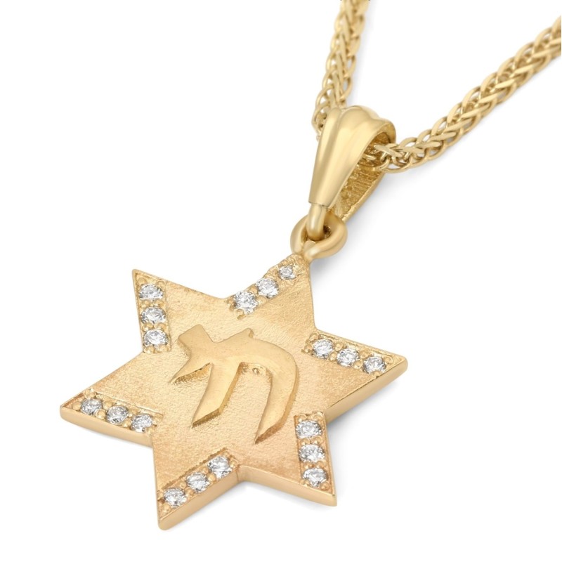 Collier pendentif étoile de David en or 14 carats avec chai et diamants