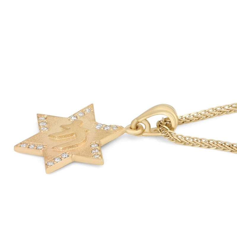 Collier pendentif étoile de David en or 14 carats avec chai et diamants