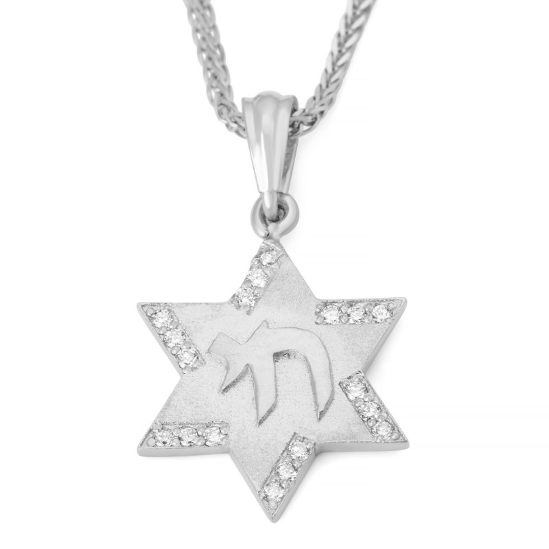 Collier pendentif étoile de David en or 14 carats avec chai et diamants