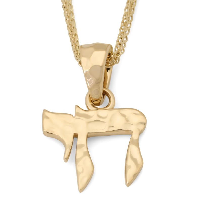 Collier pendentif Chai martelé en or 14 carats pour femme - Symbole de vie