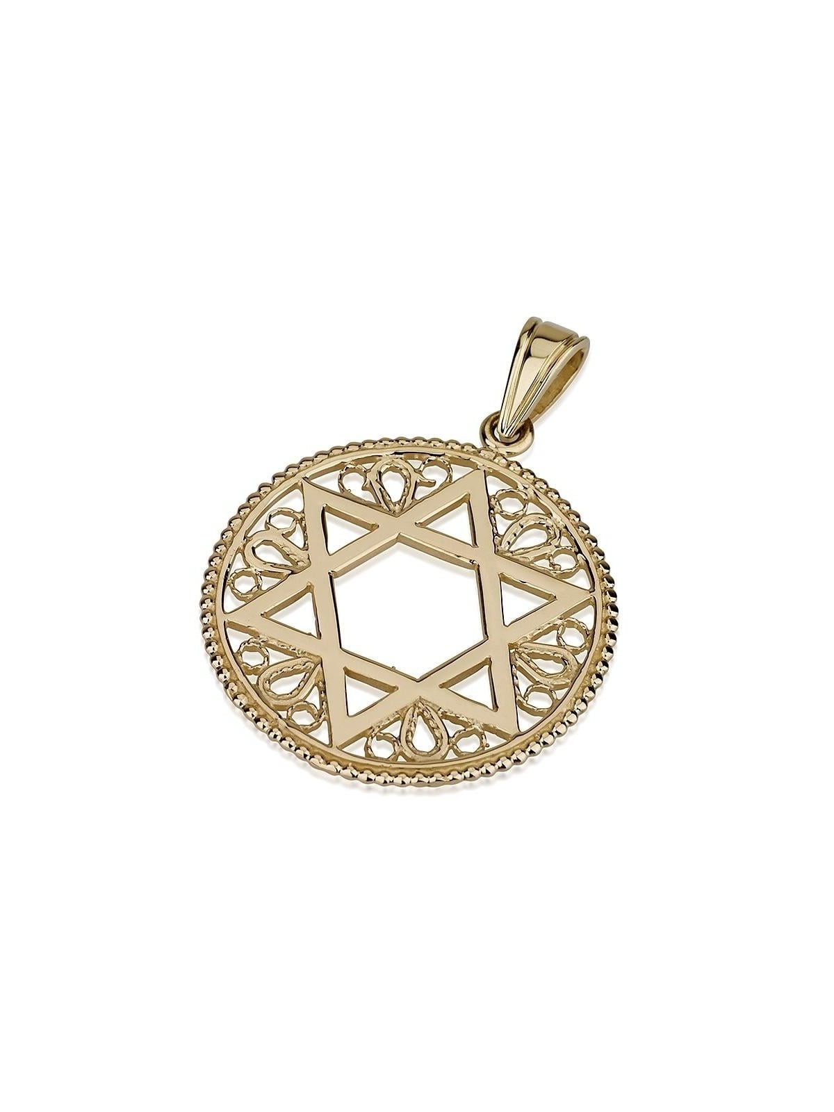 Pendentif disque étoile de David décoratif en or 14 carats