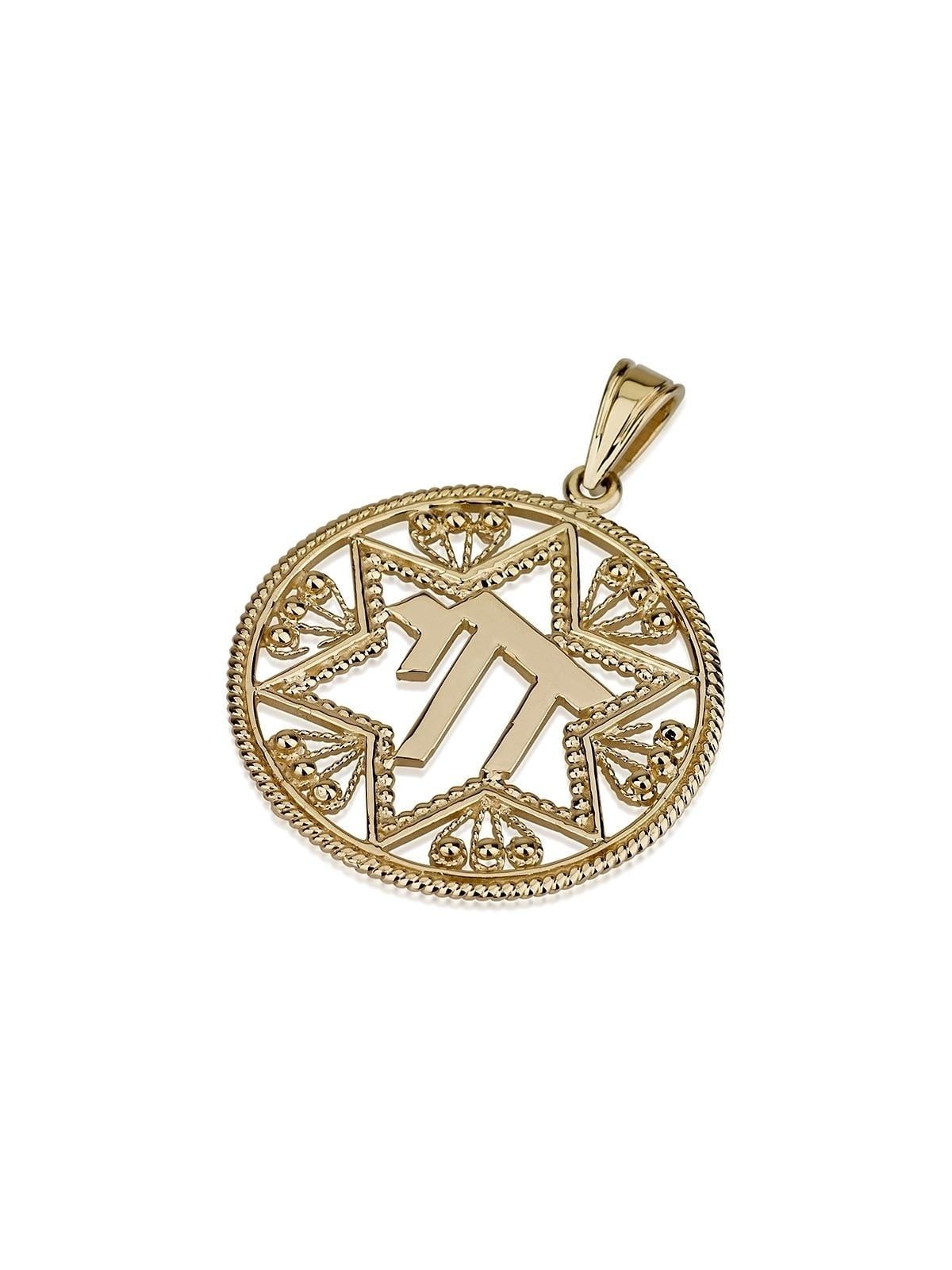 Pendentif étoile de David en or 14 carats avec disque Chai