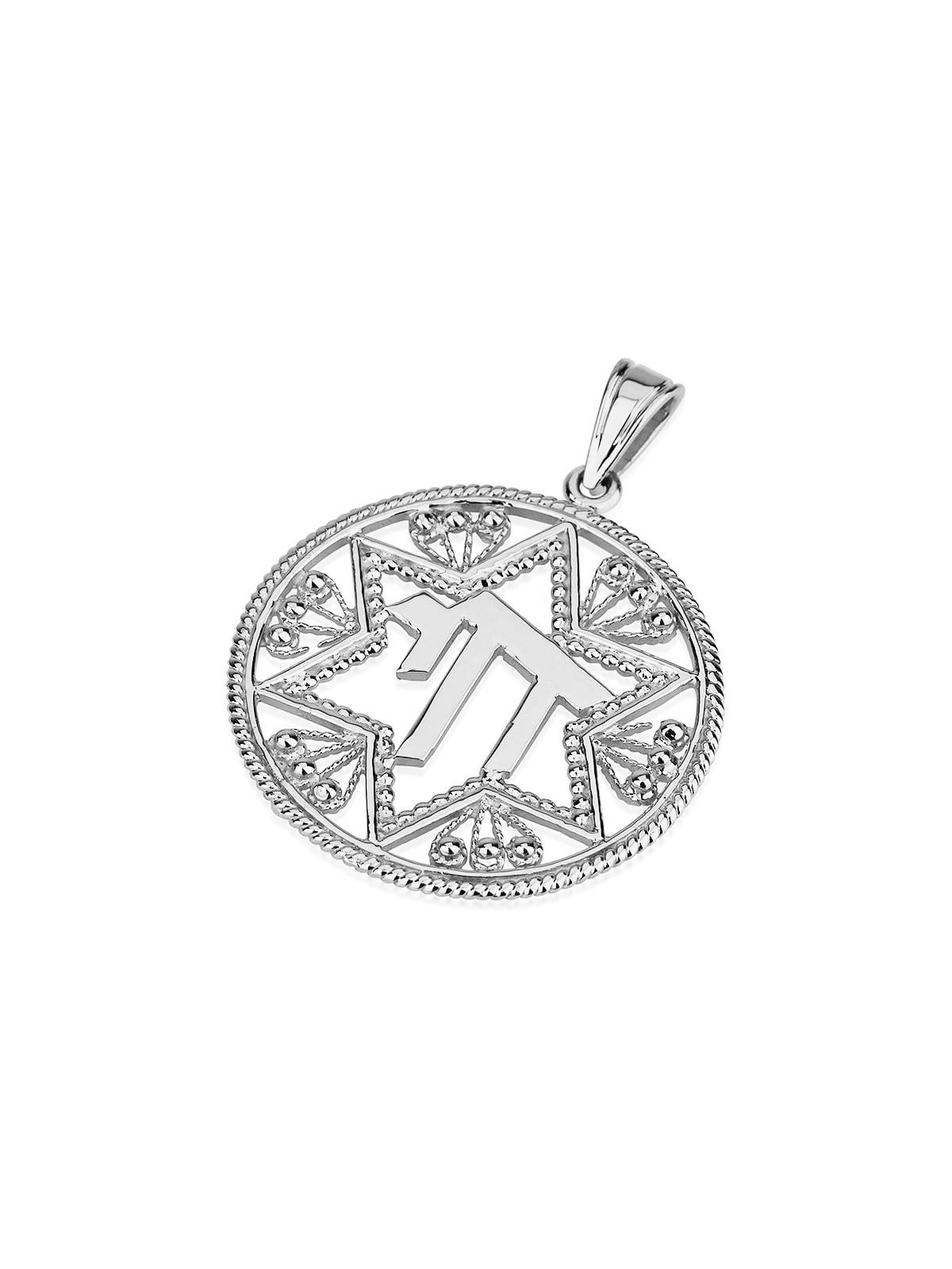 14K Gold Star of David with Chai Disc Pendant