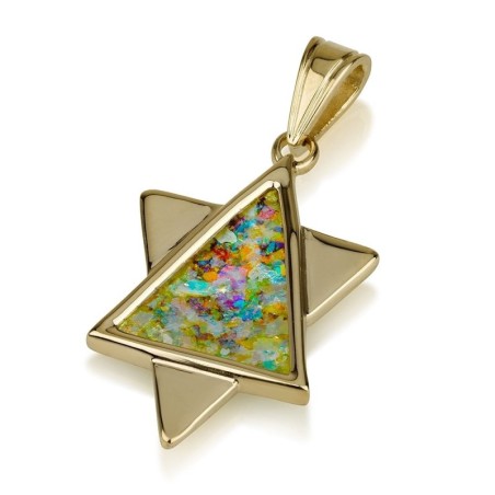 Élégant pendentif étoile de David en or 14 carats et verre romain