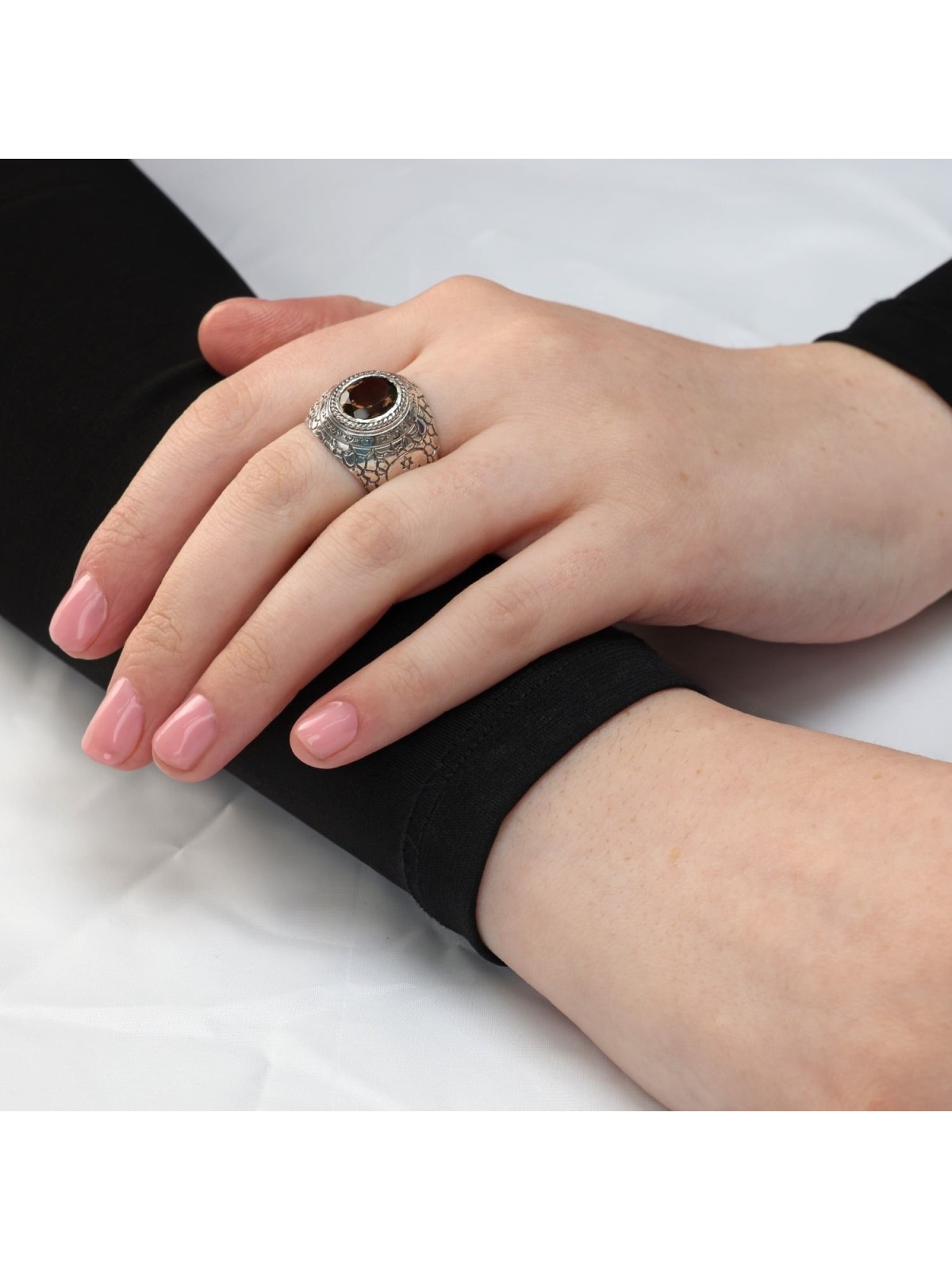 Sterling Silver and Smoky Quartz Kabbalah Ring - Ana Bekoach