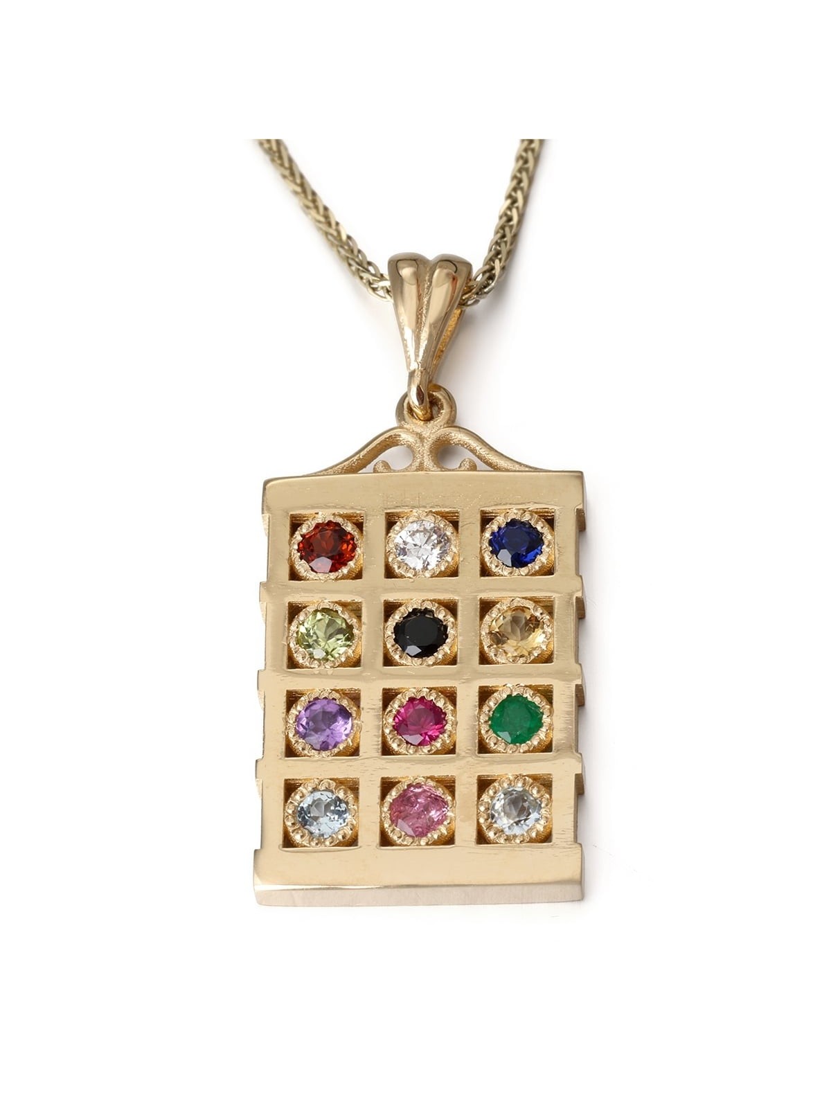 Large 14K Yellow Gold and Gemstones Hoshen Pendant Necklace
