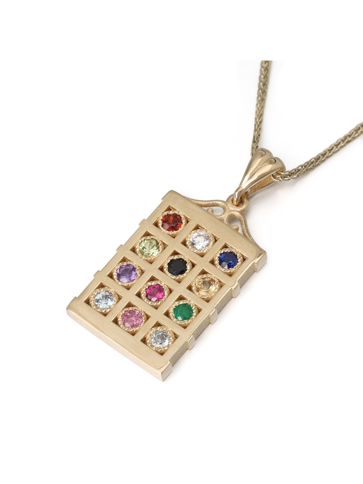 Grand collier pendentif Hoshen en or jaune 14 carats et pierres précieuses