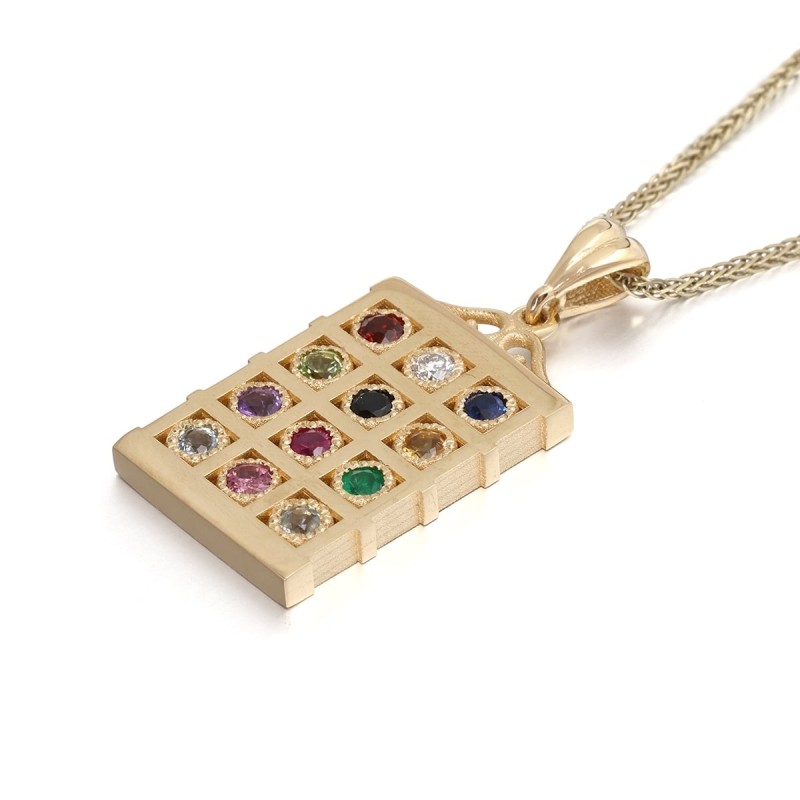 Grand collier pendentif Hoshen en or jaune 14 carats et pierres précieuses