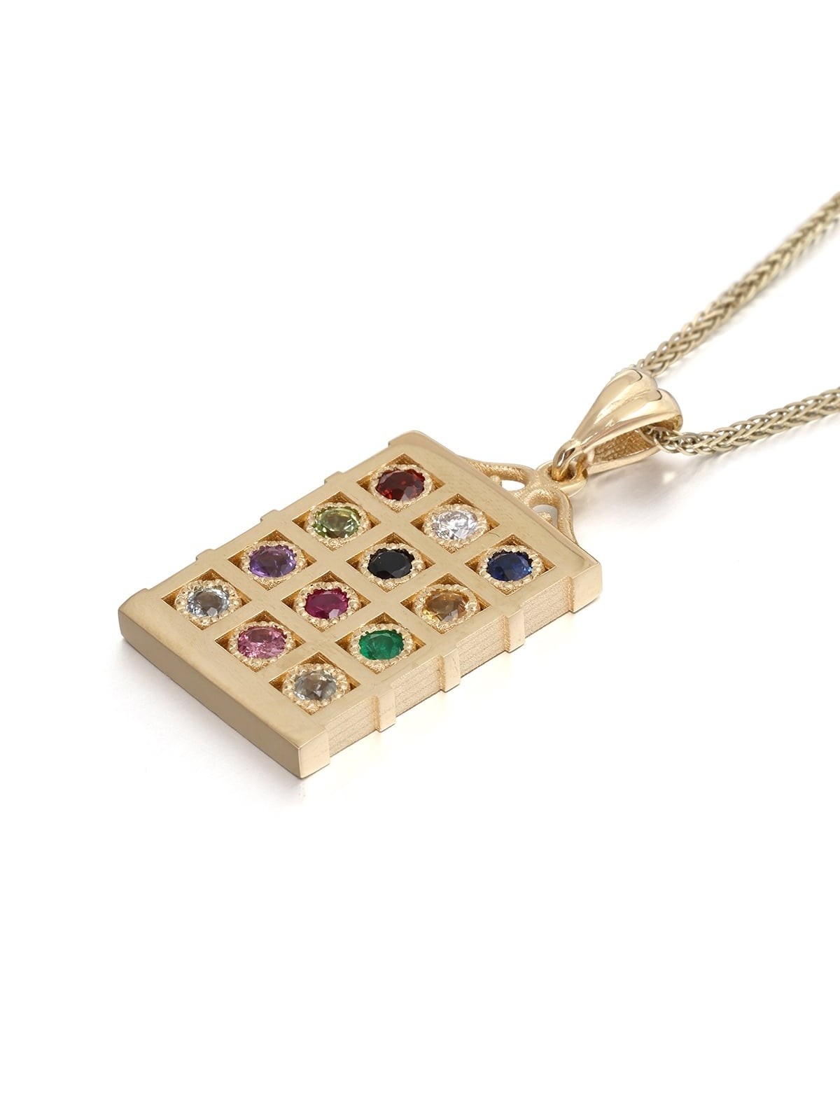 Grand collier pendentif Hoshen en or jaune 14 carats et pierres précieuses