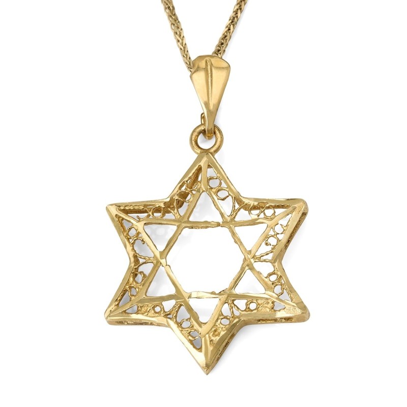 Grand pendentif double étoile de David en or 14 carats pour femme avec motif orné