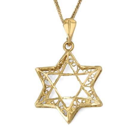 Grand pendentif double étoile de David en or 14 carats pour femme avec motif orné