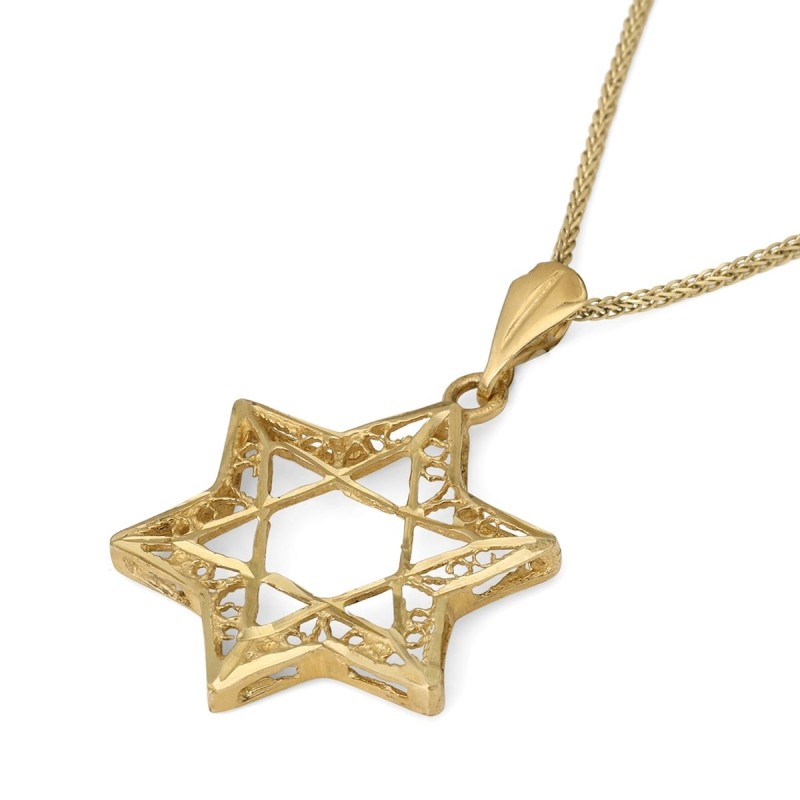 14K Gold Women's Large Double Star of David Pendant with Ornate Design