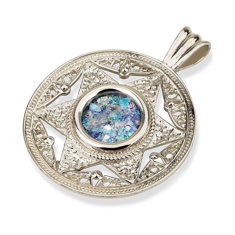 Collier pendentif étoile de David émergente en verre romain et argent