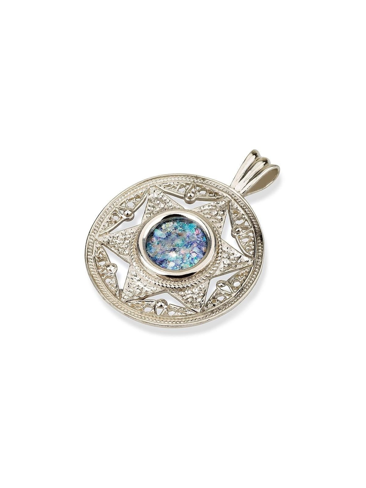 Roman Glass and Silver Emerging Star of David Pendant Necklace