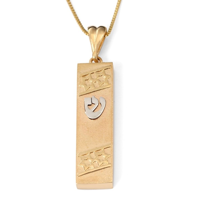 Collier à pendentif mezouza bicolore en or 14 carats