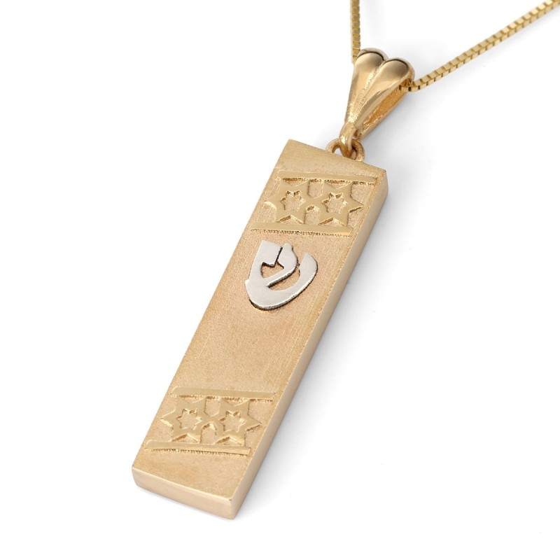 Collier à pendentif mezouza bicolore en or 14 carats