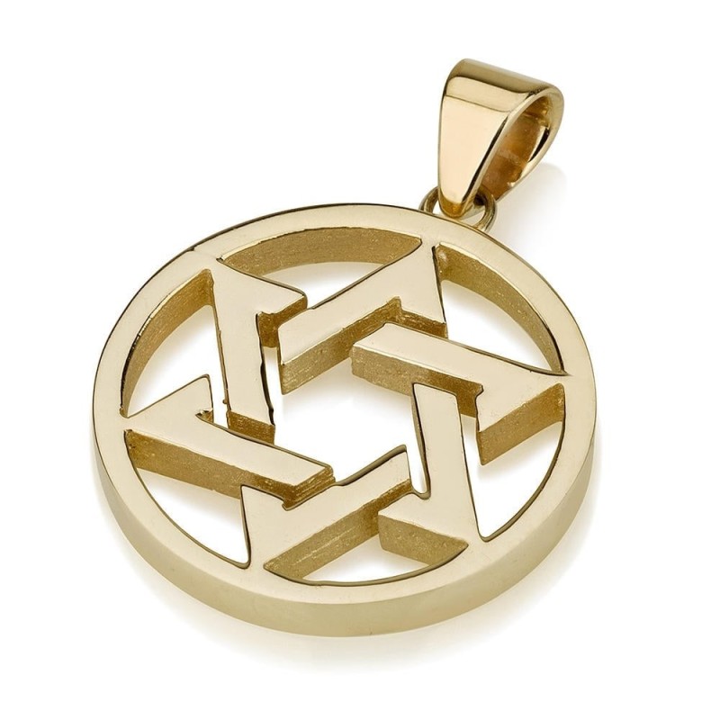 14K Gold Star of David Disk Pendant - Medium