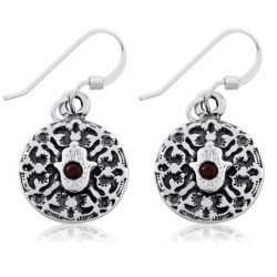 Sterling Silver Circle Hamsa Earrings with Garnet Stone - Porat Yosef