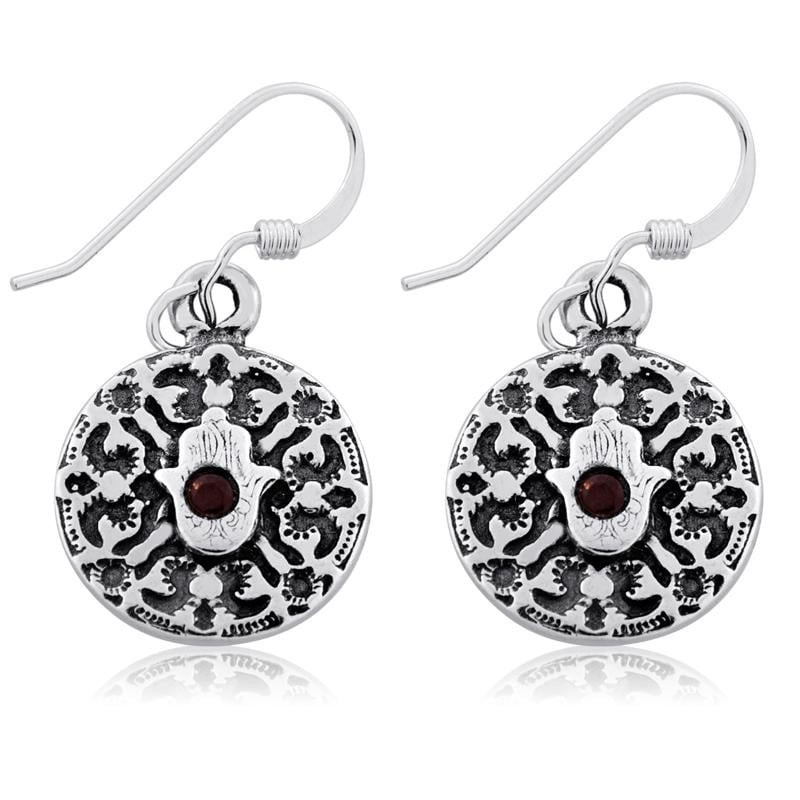 Sterling Silver Circle Hamsa Earrings with Garnet Stone - Porat Yosef