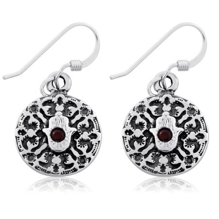Sterling Silver Circle Hamsa Earrings with Garnet Stone - Porat Yosef