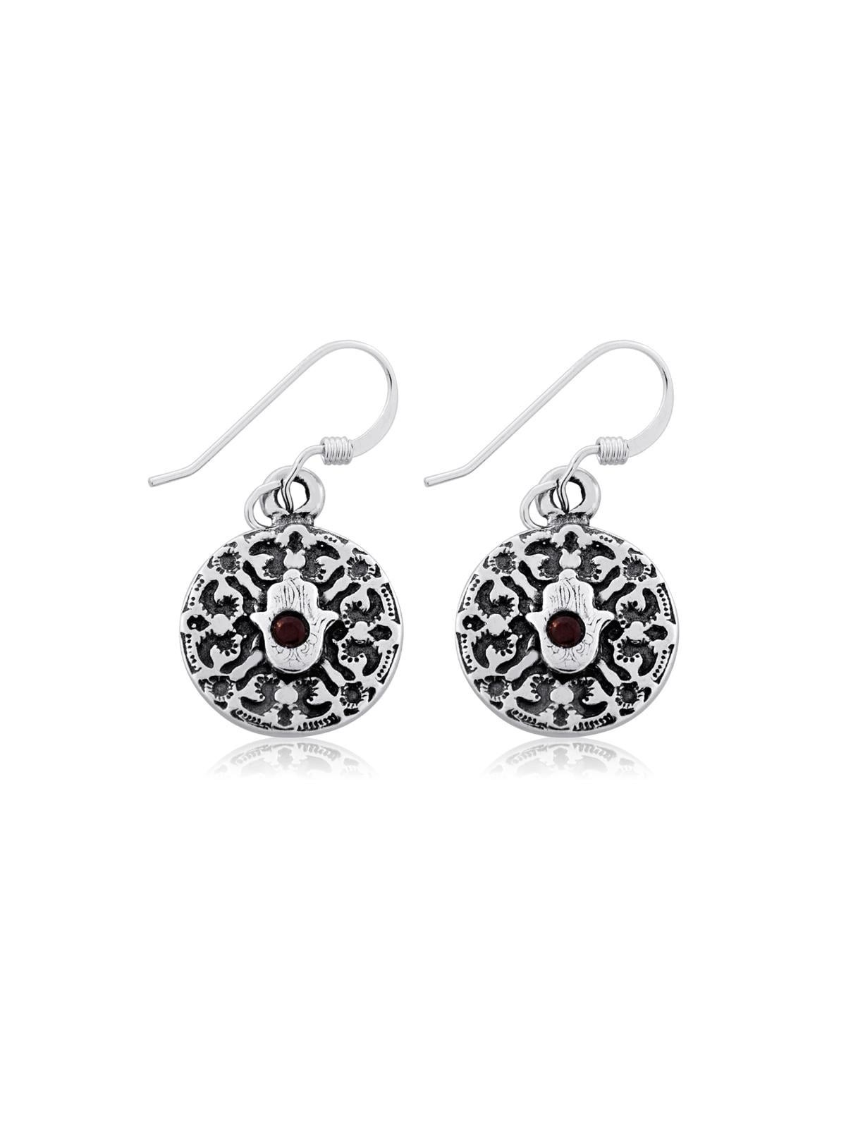 Boucles d'oreilles Hamsa en Argent Sterling avec Pierre de Grenat - Porat Yosef
