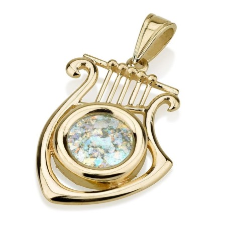 14K Gold and Roman Glass David's Harp Pendant - Medium