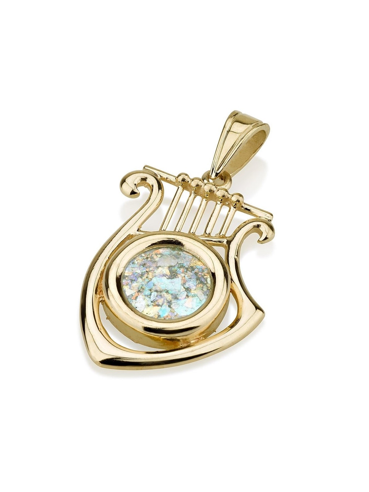 14K Gold and Roman Glass David's Harp Pendant - Medium