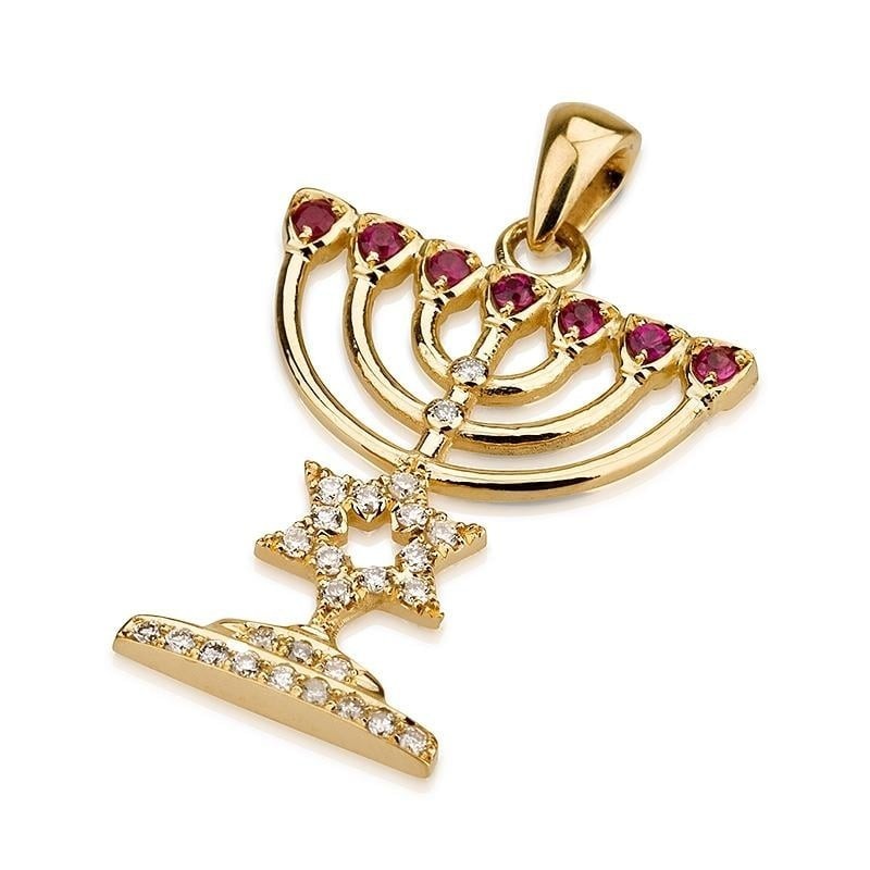 18K Gold Menorah Pendant with Diamond Star of David