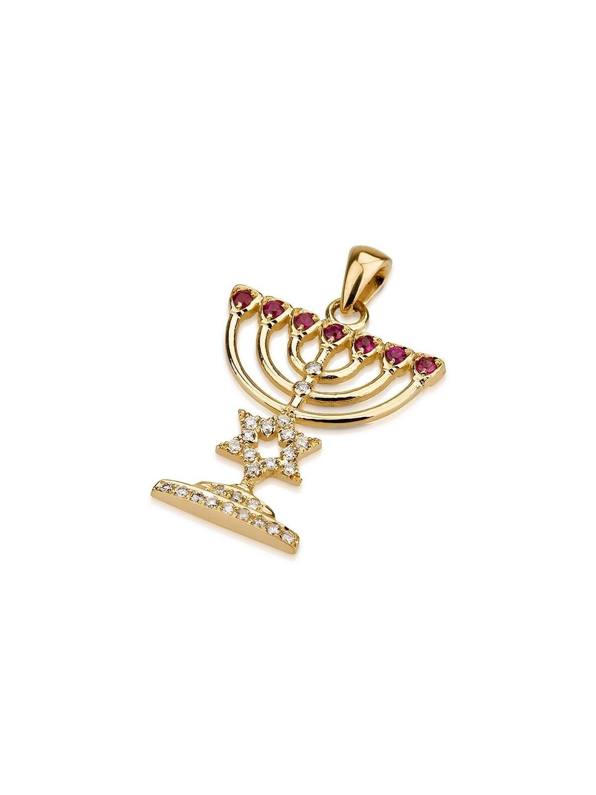 18K Gold Menorah Pendant with Diamond Star of David
