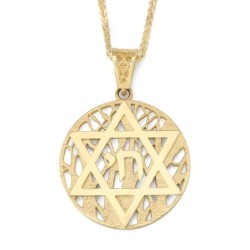 14K Gold Star of David and Chai Pendant with Tree of Life Background -