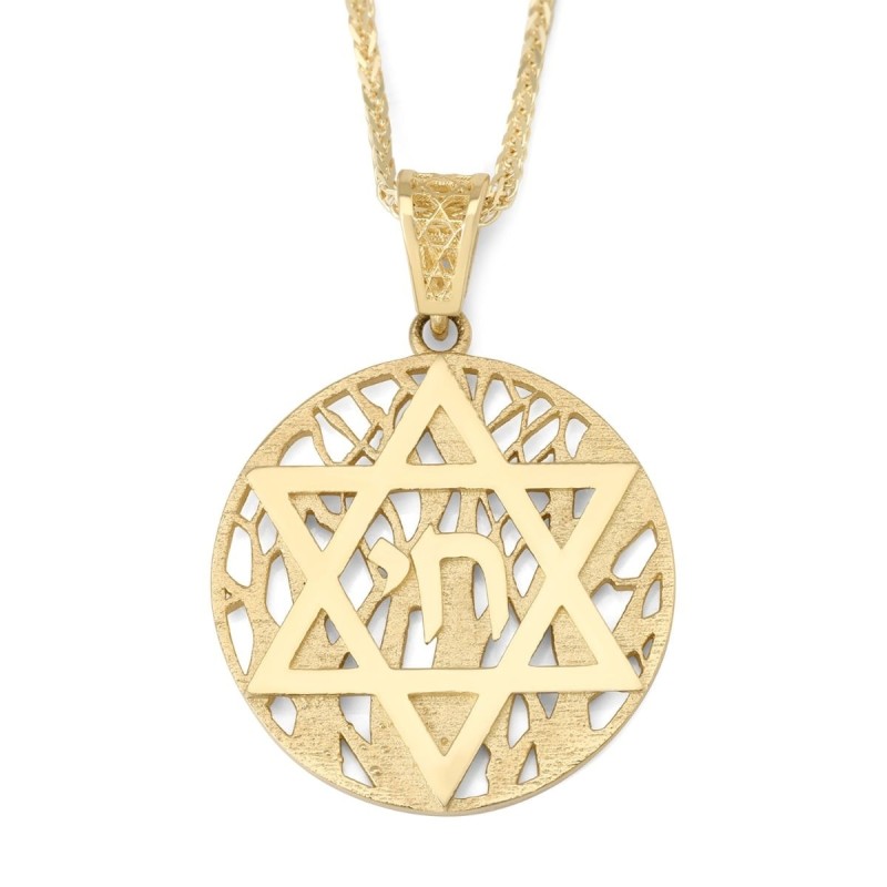 14K Gold Star of David and Chai Pendant with Tree of Life Background -