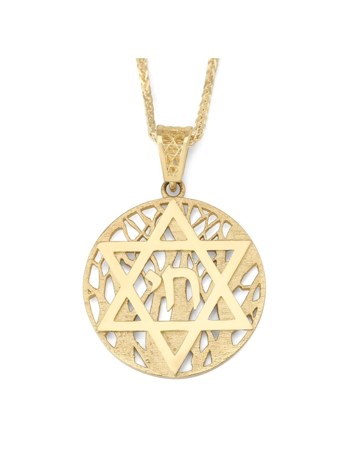 14K Gold Star of David and Chai Pendant with Tree of Life Background -
