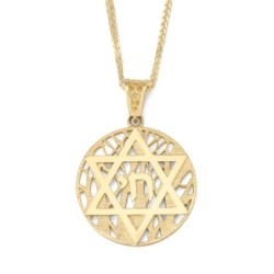 14K Gold Star of David and Chai Pendant with Tree of Life Background -