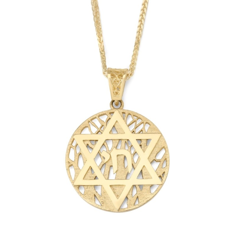 Pendentif étoile de David et Chai en or 14 carats avec fond d'arbre de vie -