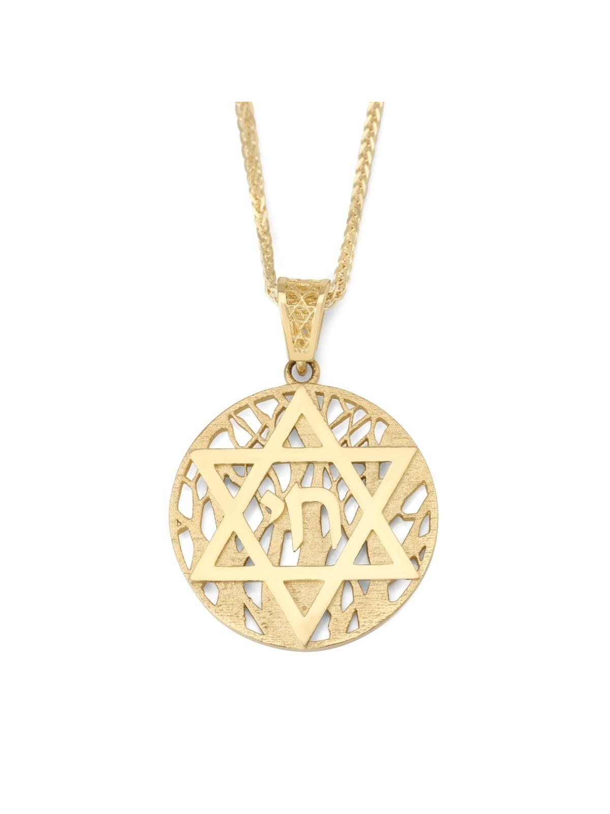 14K Gold Star of David and Chai Pendant with Tree of Life Background -