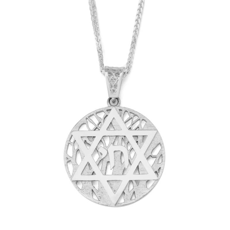 Pendentif étoile de David et Chai en or 14 carats avec fond d'arbre de vie -