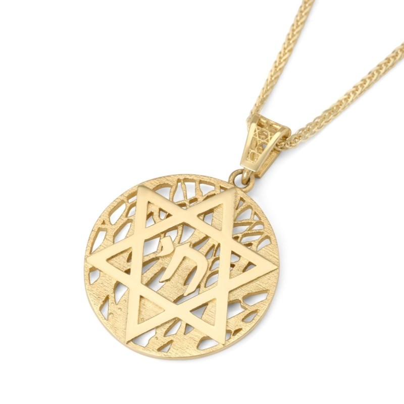 Pendentif étoile de David et Chai en or 14 carats avec fond d'arbre de vie -
