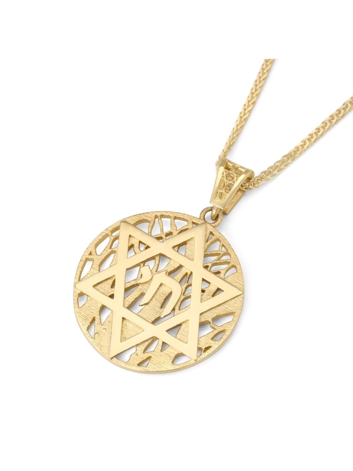 14K Gold Star of David and Chai Pendant with Tree of Life Background -