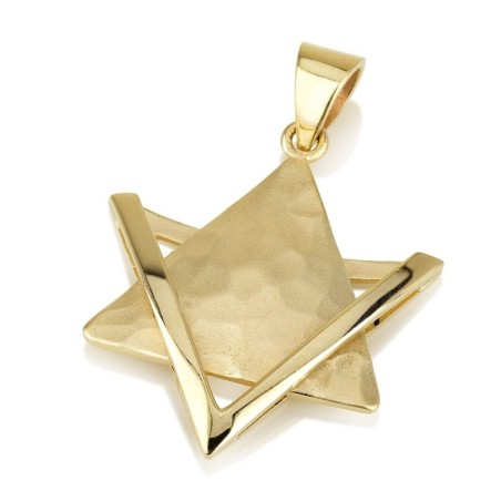 14K Gold Star of David Pendant with Hammered Triangle and Outline Poin