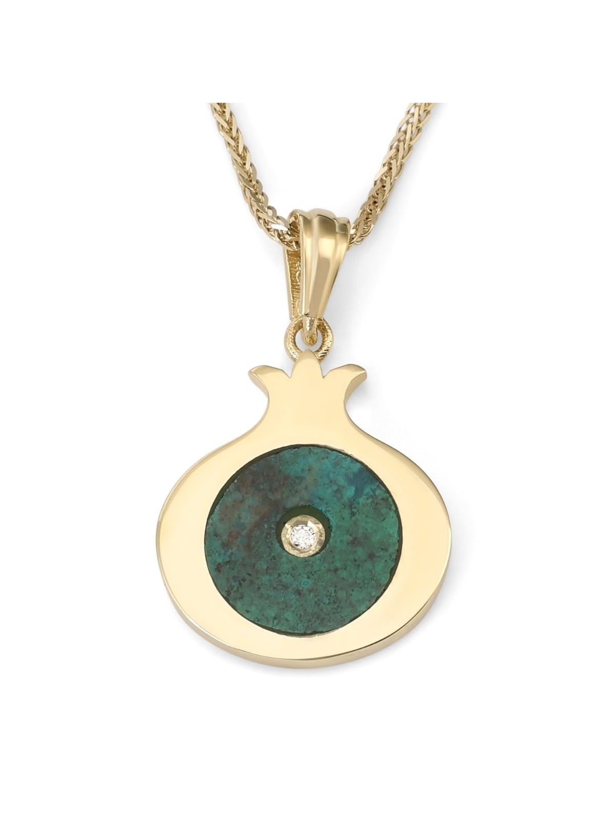 14K Gold Eilat Stone and Diamond Pomegranate Pendant Necklace