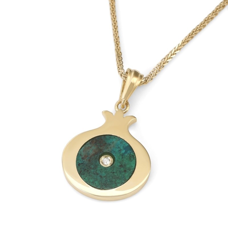 Collier pendentif grenade en or 14 carats avec pierre d'Eilat et diamants