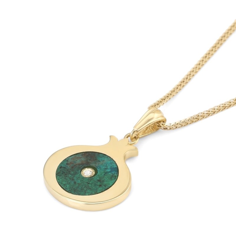 14K Gold Eilat Stone and Diamond Pomegranate Pendant Necklace